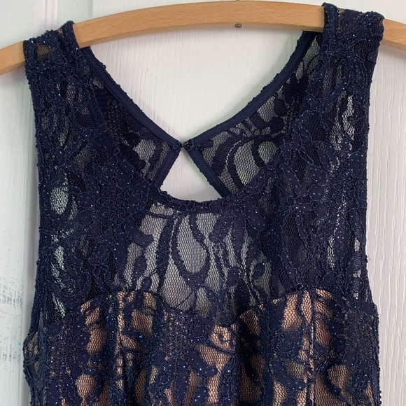 Navy Blue lace open back formal dress with beaded belt - Picture 7 of 7